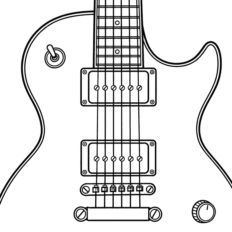 Line drawing of a Les Paul style guitar with two metal-covered humbuckers showing a single row of six screws