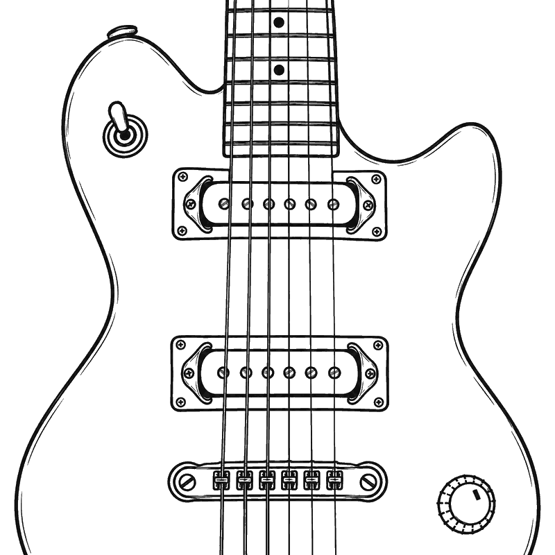 Line drawing of a Jaguar style offset guitar with two narrow single coil pickups surrounded by notched metal claws