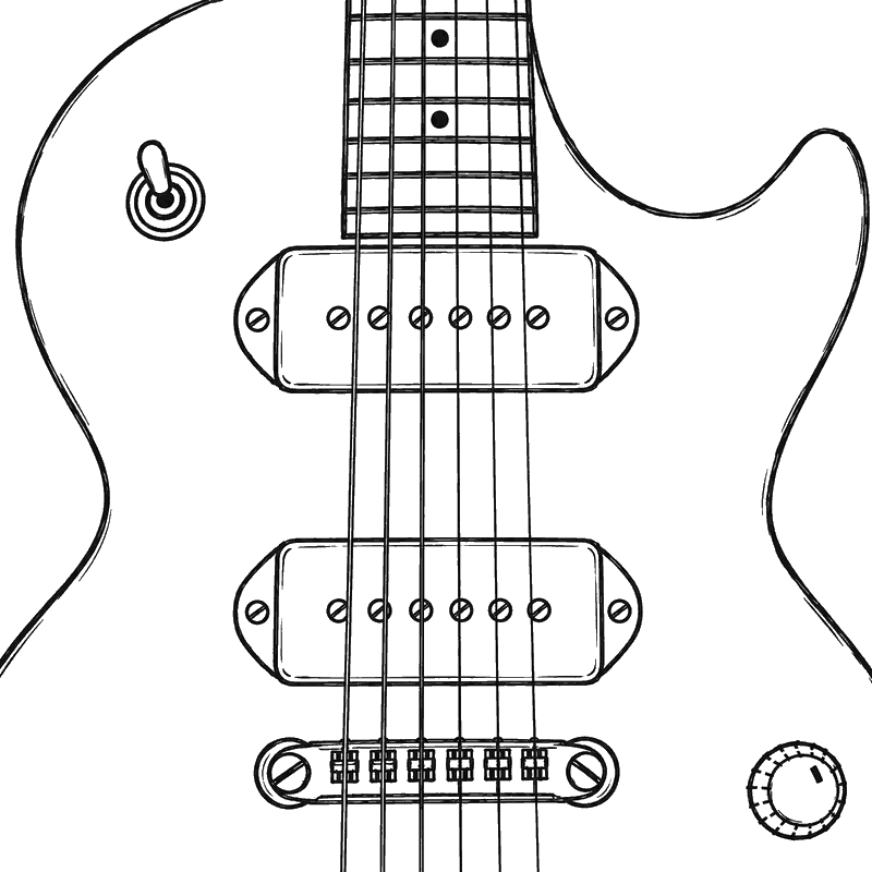 Line drawing of a hollow body style guitar with two dog ear P-90 pickups, each with triangular mounting ears on the ends