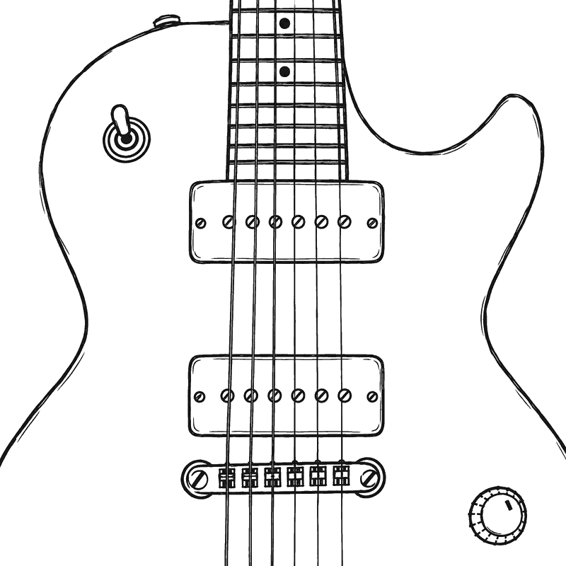 Line drawing of a Les Paul style guitar with two rectangular soap bar P-90 pickups with six large screws