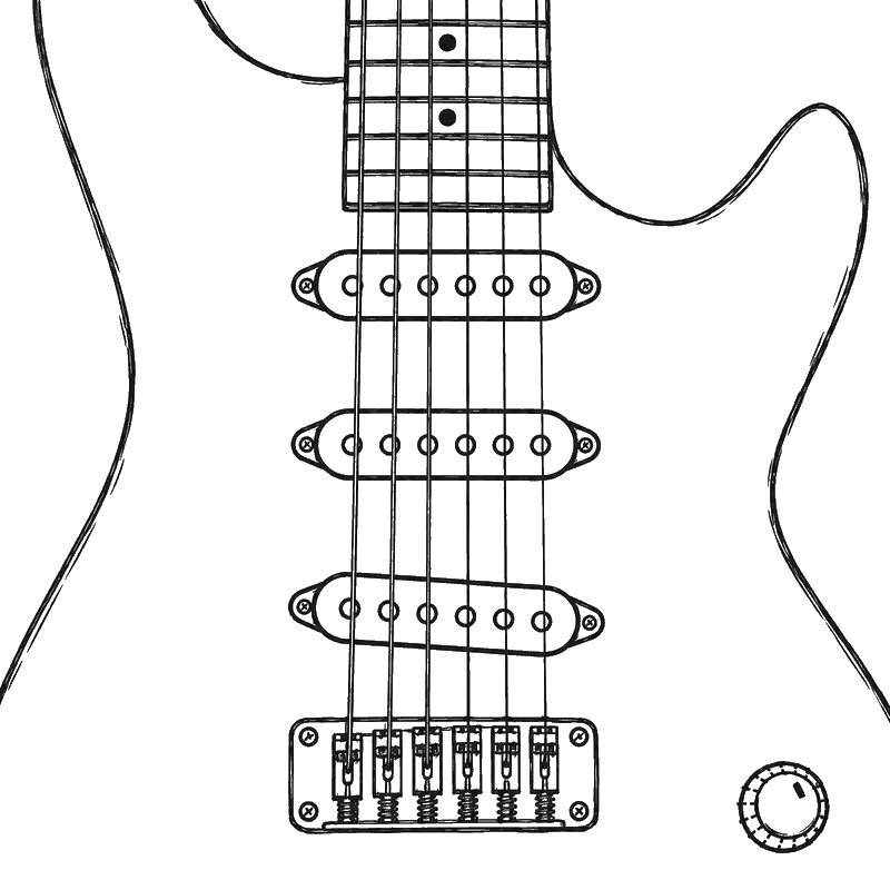 Line drawing of a Stratocaster style guitar with three narrow single coil pickups mounted in a pickguard