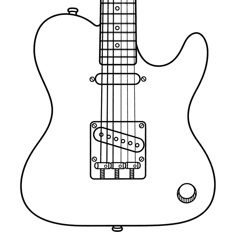 Line drawing of a Telecaster style guitar with a small covered neck pickup and an angled bridge pickup mounted in the metal bridge plate